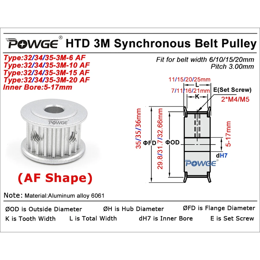 POWGE 32 34 35 teeth HTD 3M Timing Pulley AF Bore 5/6/6.35/7/8/10/12/14/15/16/17mm for HTD3M belt width 6/10/15/20mm 32T 34T 35T