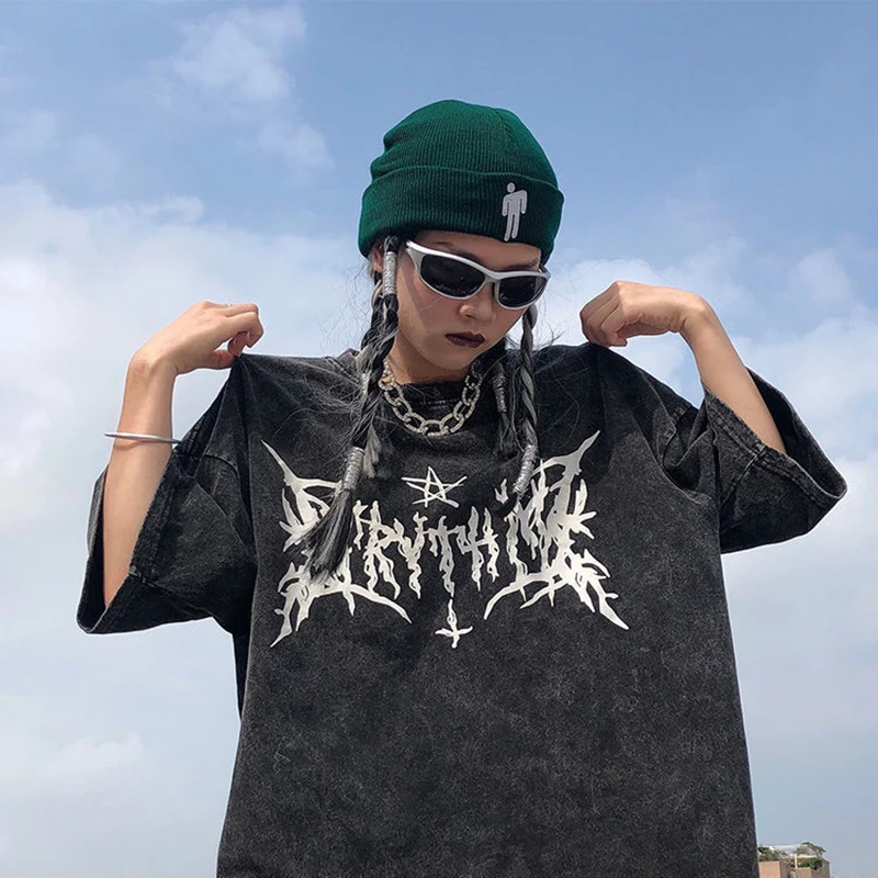 Y2K hip hop vintage 90s short-sleeved Oversized t-shirt summer goth design sense loose top tide streetwear washed denim T-shirt