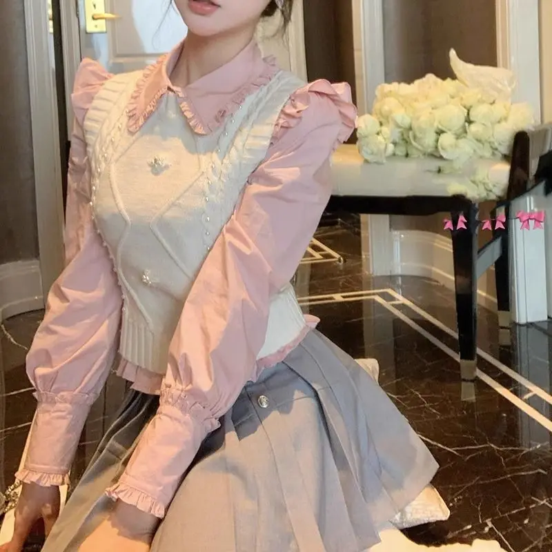 New Product Design Niche Sweet Pink Gentle Series Small Lapel Ruffle Edge Shirt Top for Women