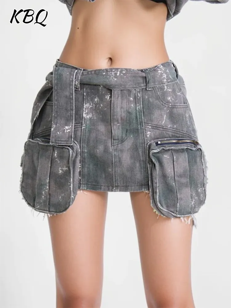 

KBQ Patchwork Pockets Camouflage Denim Skirt For Women High Waist Spliced Lace Up Hit Color A Line Mini Skirts Female Fashion