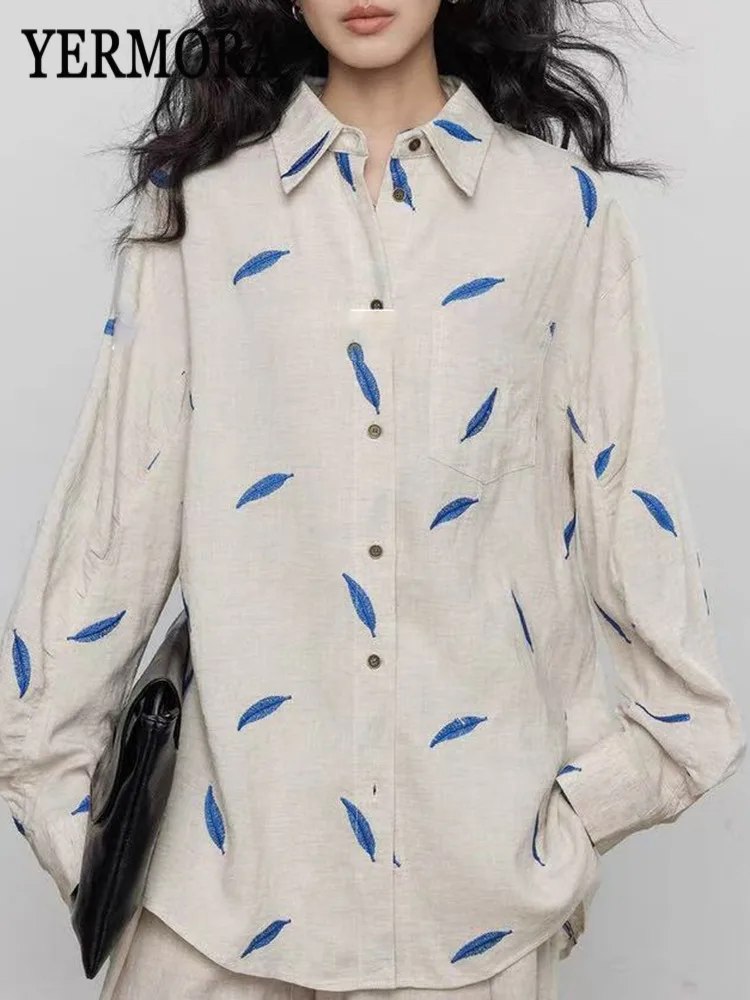

YERMORA Beige Printed Pocket Buckle Casual Blouuse For Women Lapel Long Sleeve Loose New Shirt Fashion Tide Spring Autumn 2026