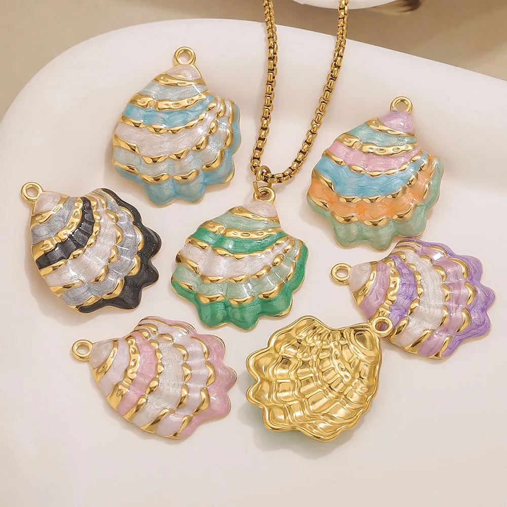 

2PCS Enamel Seashells Shell Stainless Steel Charms Gold Plated Ocean Pendant Accessories DIY Women Jewelry Materials Connector