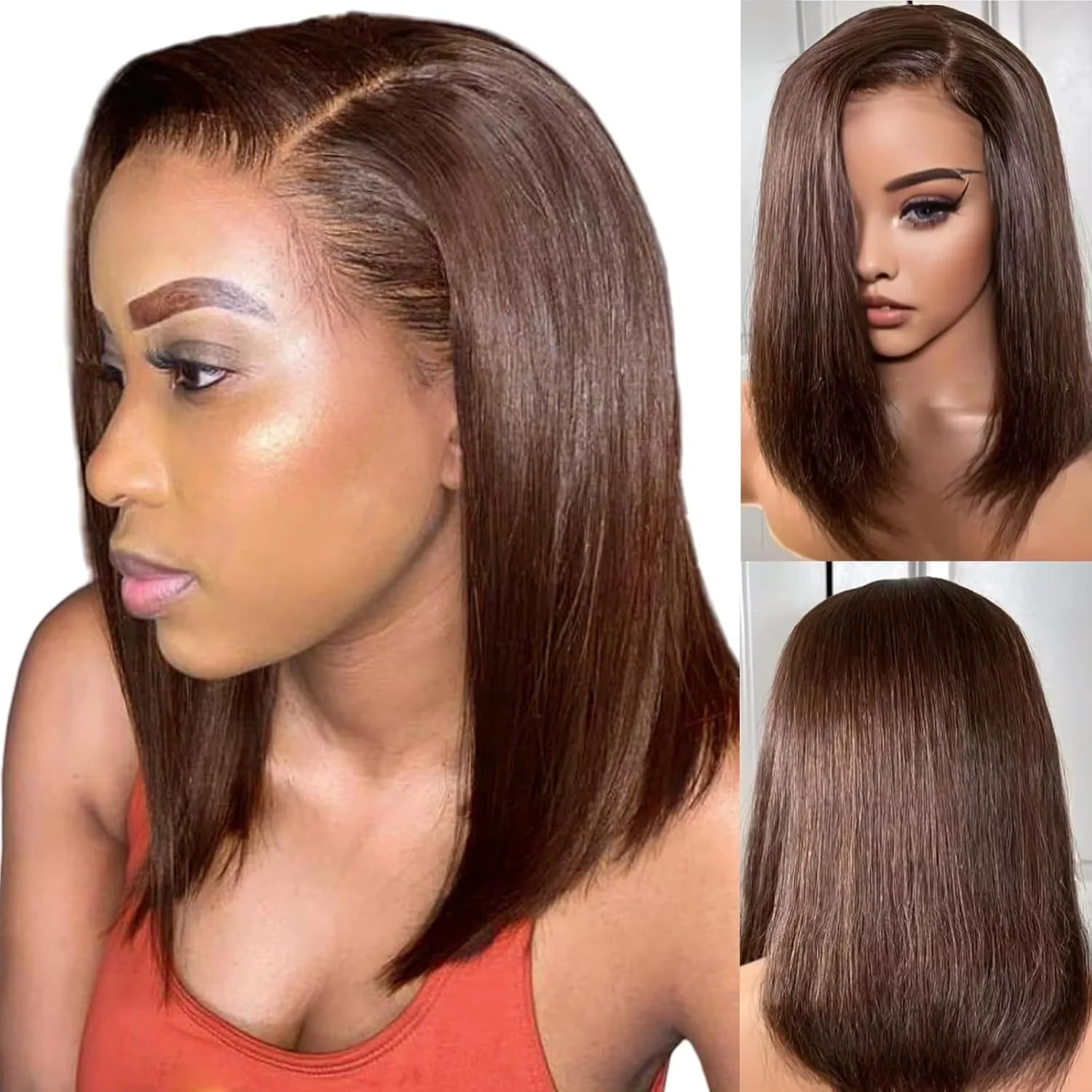 

Short Bob Wig Chocolate Brown #4 13x4 Transparent Lace Frontal Wig Lace Front Wigs Pre Plucked Human Hair Wigs Straight Bob Wig