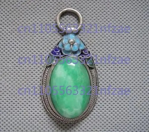Rzadki Antyczny Chiński Miao Srebrny Emaliowany Mozaikowy Jadeitowy Wisiorek Amulet