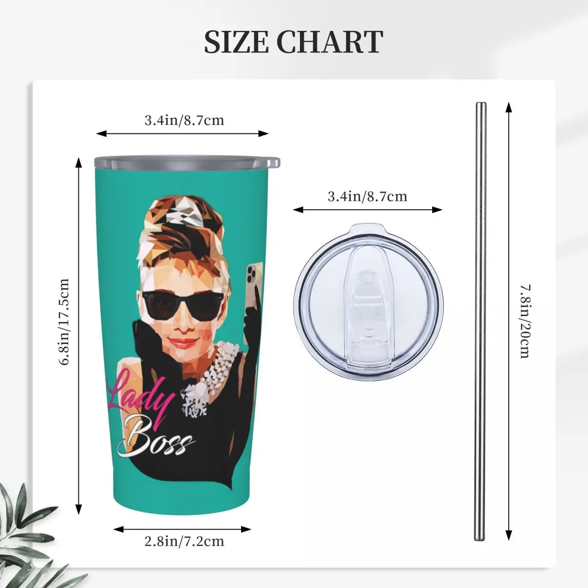Hepburn Audrey Hepburn Stainless Steel Tumbler Vacuum Insulated Mug Thermal Cold Cups Straws With Lid 20oz