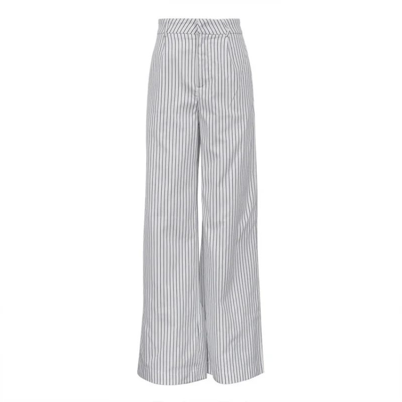 Retro Eenvoudige Zwart-Wit Gestreepte Casual Wijde Pijpen Pants2024new Lente En Herfst Mode Temperament Wilde Pak Broek Voor Wome