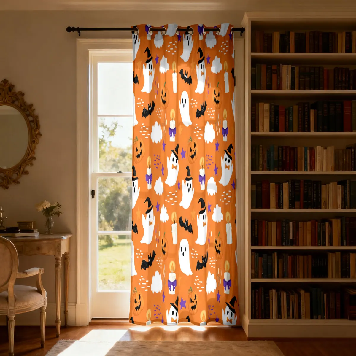 Halloween Single Piece Loop Curtain Ghost Pumpkin Bat Print Perforated Hanging Window Drape 1PC Punch Hole Curtain for Living