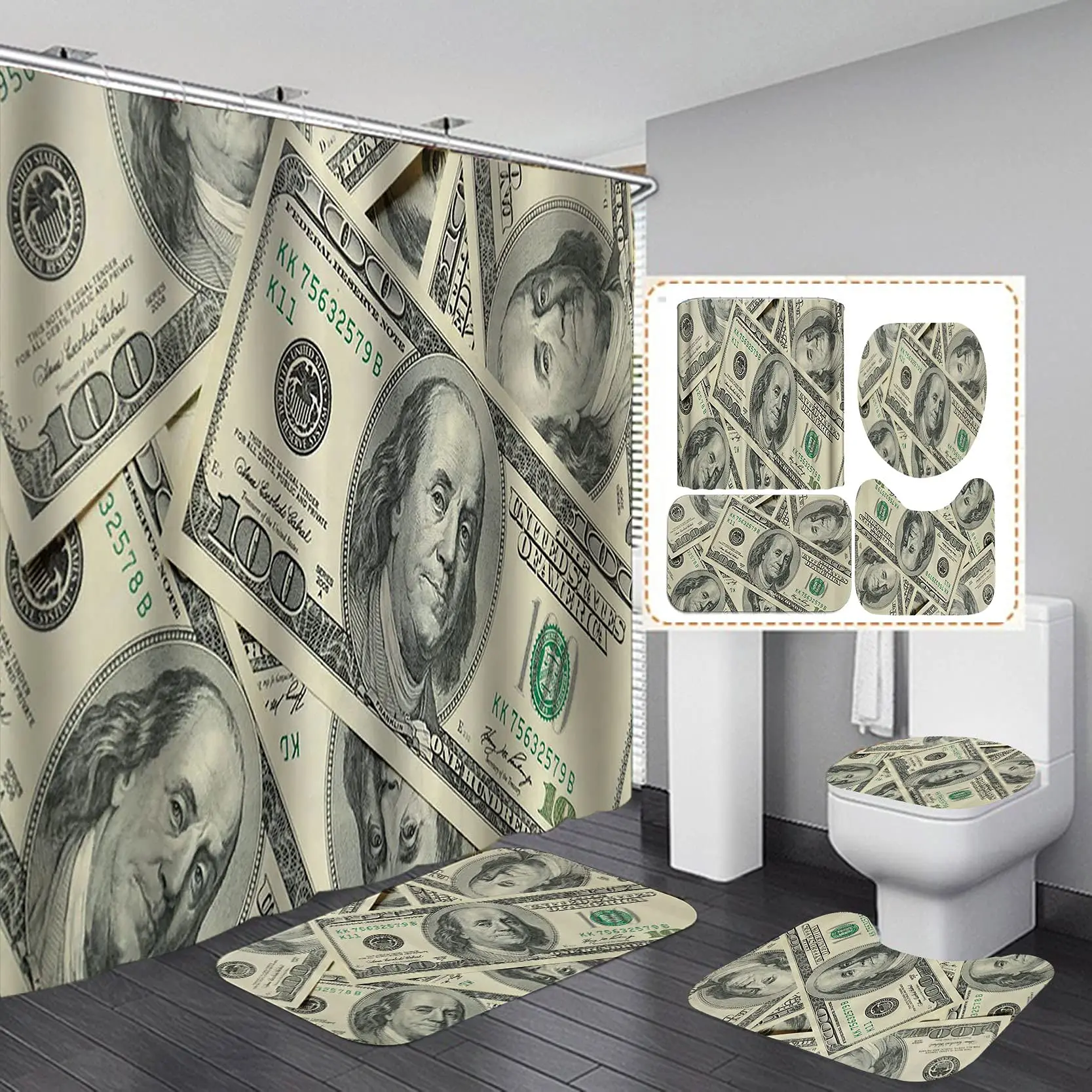 

Money Shower Curtain Set Hundred US Dollar Bills Cash Benjamin Franklin Profile Luxury Modern Bath Curtain Bath Rugs Toilet Mats