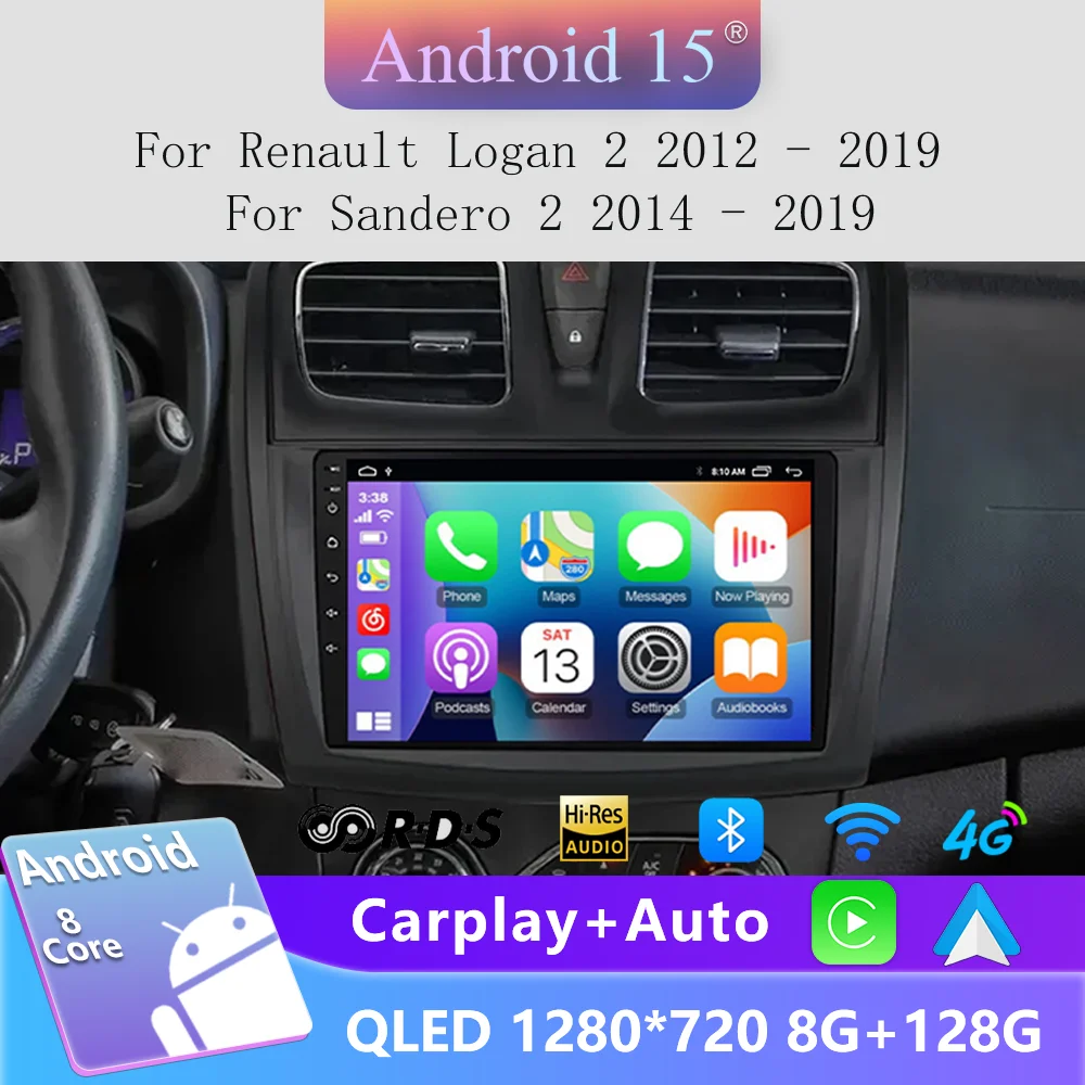 Android 15 Carplay Auto For Renault Logan 2 Sandero 2 2012 - 2016 2017 2018 2019 Car Radio Multimedia Player Stereo GPS WIFI DPS