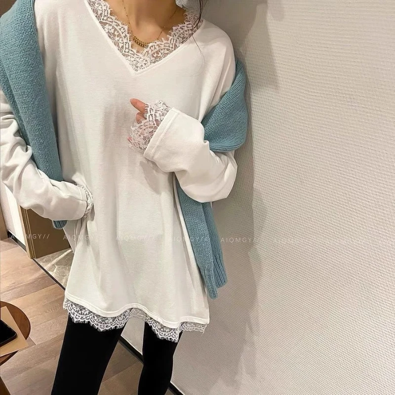 

Youth Lace Patchwork Plus Size Korean Tops Long Sleeve Solid Simplicity Lazy T Shirts Fashion Casual Women Clothes Spring Autumn