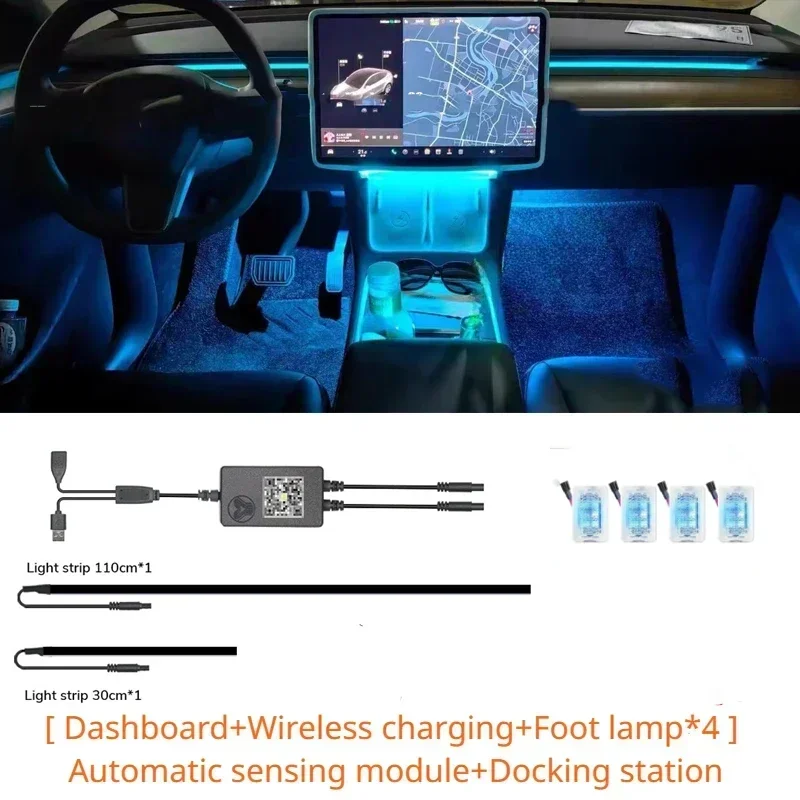 Voor Tesla Model 3 Y 64 Kleuren RGB Neon LED Middenconsole Dashboard Draadloos Opladen Licht Omgevingslamp USB Power APP Controller