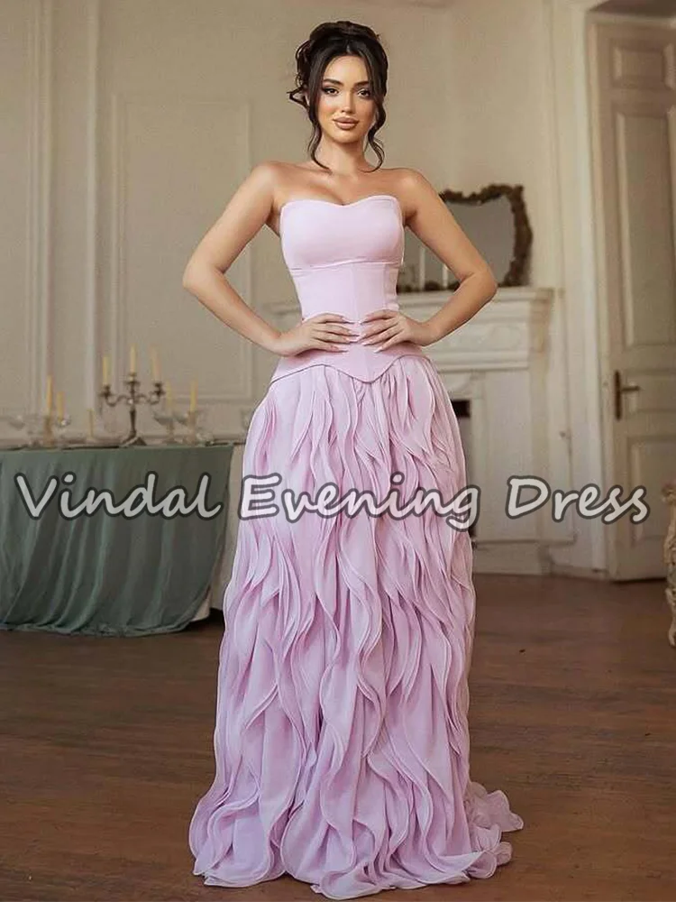 فستان حفلة موسيقية من Vindal باللون الوردي الكشكشة من الشيفون بدون حمالات على شكل حرف A فستان سهرة للنساء فستان حفل المشاهير مخصص #4