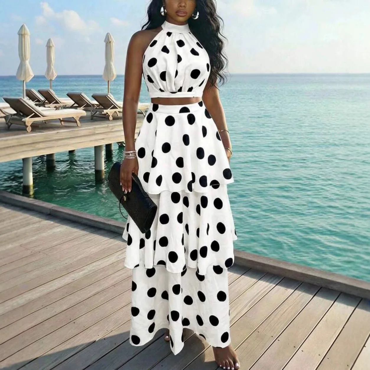 

Two Pieces Women Dress Sets Polka Dot Matching Sets Halter Collar Top Elastic High Waist Skirt Loose Casual Elegant 2026 Summer