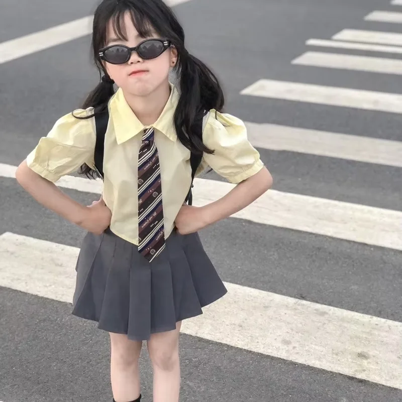 Teen Girls' Summer Set 2026 New Fashionable Children's JK Uniform College Style Shirt+Short Skirt Tie 3-Piece Set