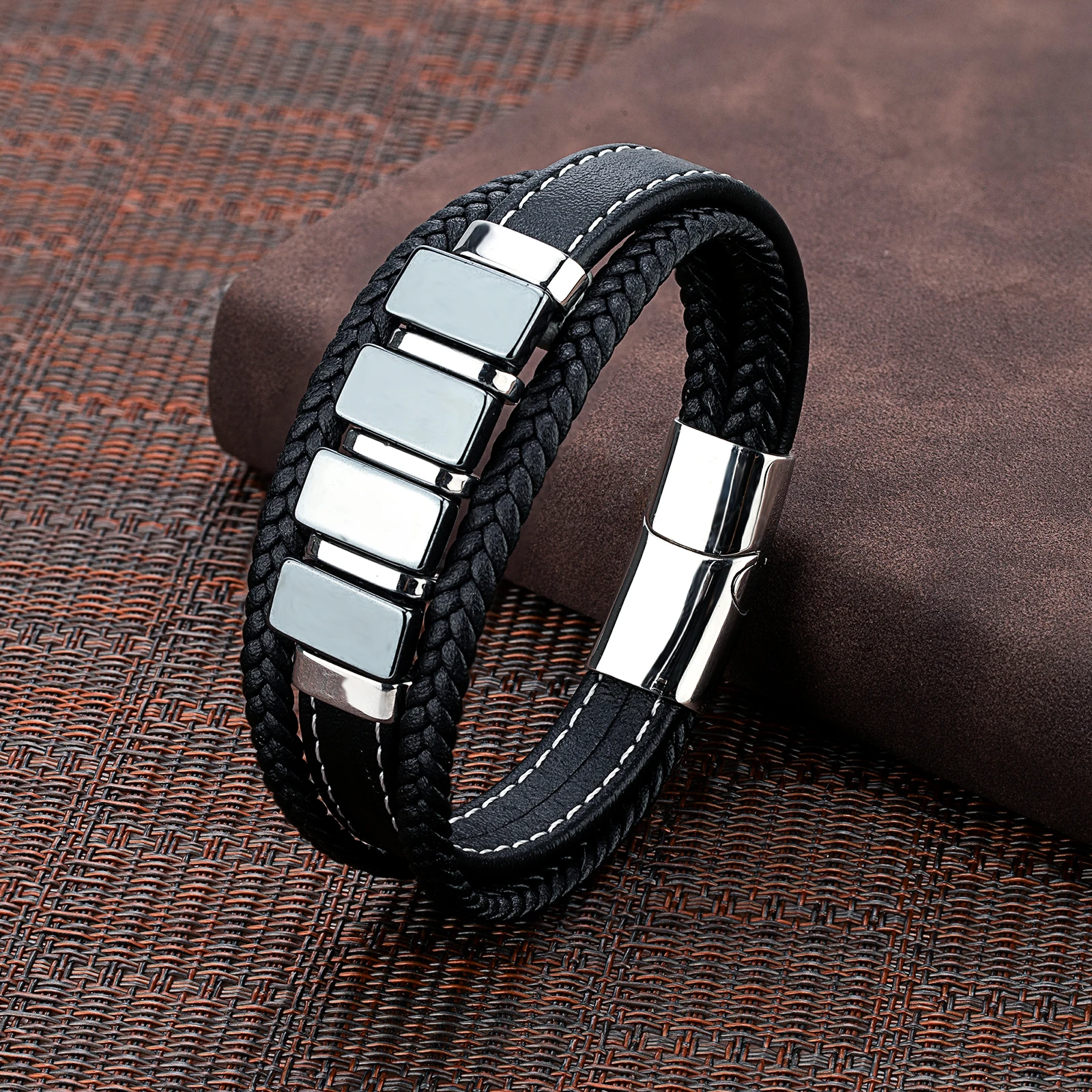 New Vintage Style Rectangular Black Gallstone Simple Take Multicolor Plated Stainless Steel 3-Layer Leather Rope Mens Bracelet