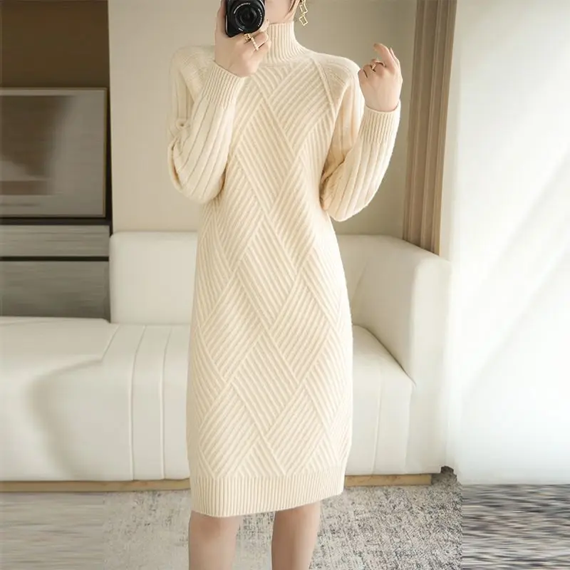 

Medium-length Turtleneck Sweater for Women 2024 Autumn and Winter Woolen Bottom Skirt New Thickened Casual Knitted Dress LJ575