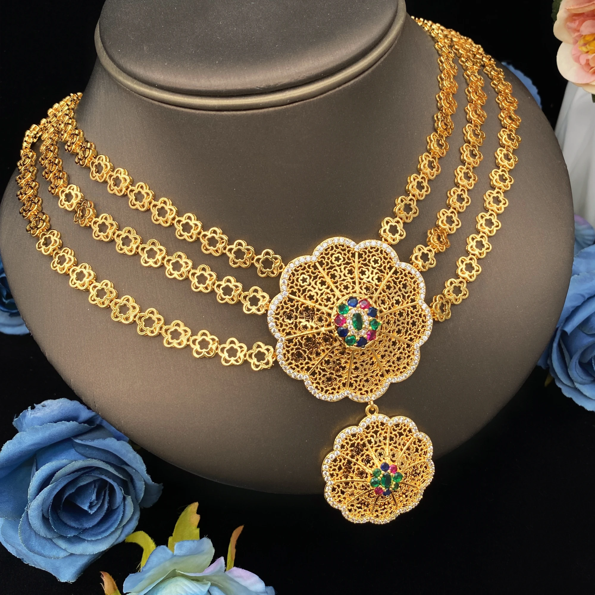 Luxury hot selling women's jewelry set Bracelet ring necklace and earrings electric gold plated zircon for wedding gift-giving b