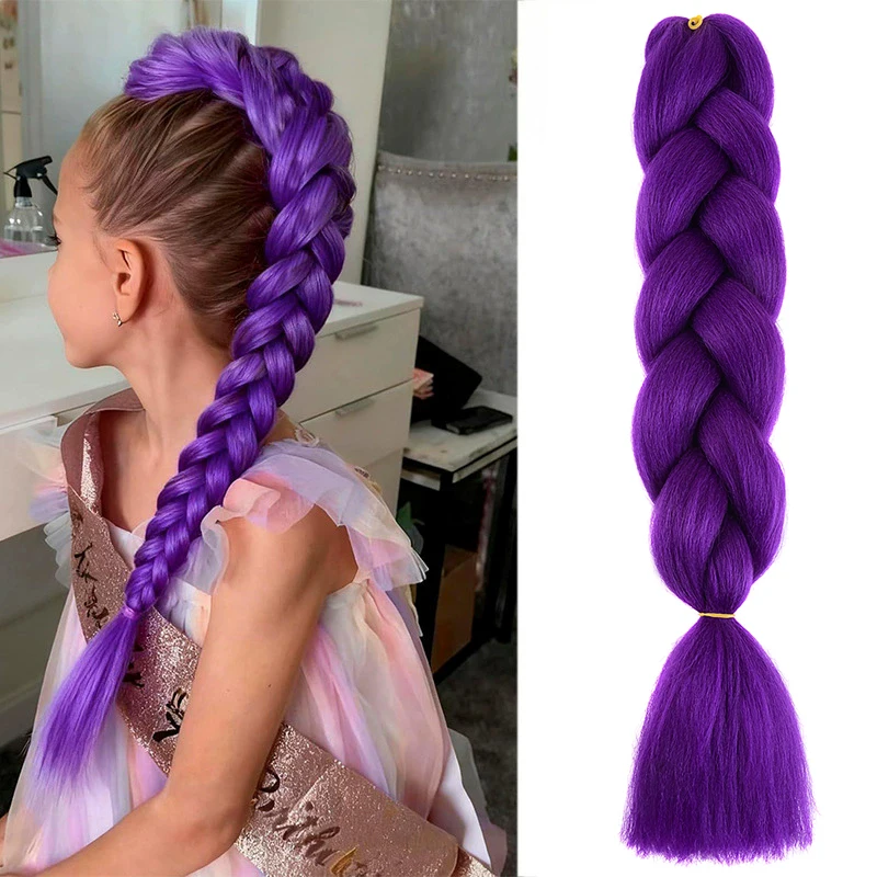 Synthetic 24inch Long Purple Braiding Hair Extensions for Braids Rumi Braiding Hair for Stage Party Cosplay, Multi-colored Braid