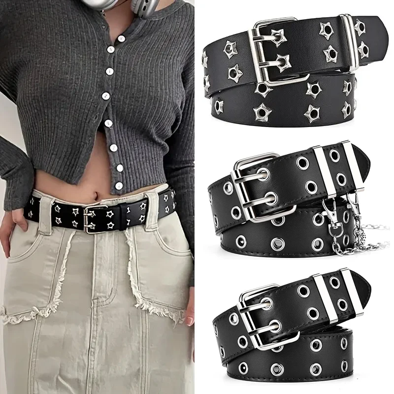 110cm Unisex Men Belts For Women High Quality Double Hole Star Eyelet Hip Hop Rock Style Subculture Y2K Belt Punch Free Size