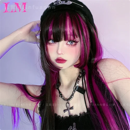 Imagen 2 del producto Peluca de pelo liso LM negro y rosa, pelucas onduladas largas sintéticas con flequillo para mujeres, Cosplay, fibra Natural de alta temperatura