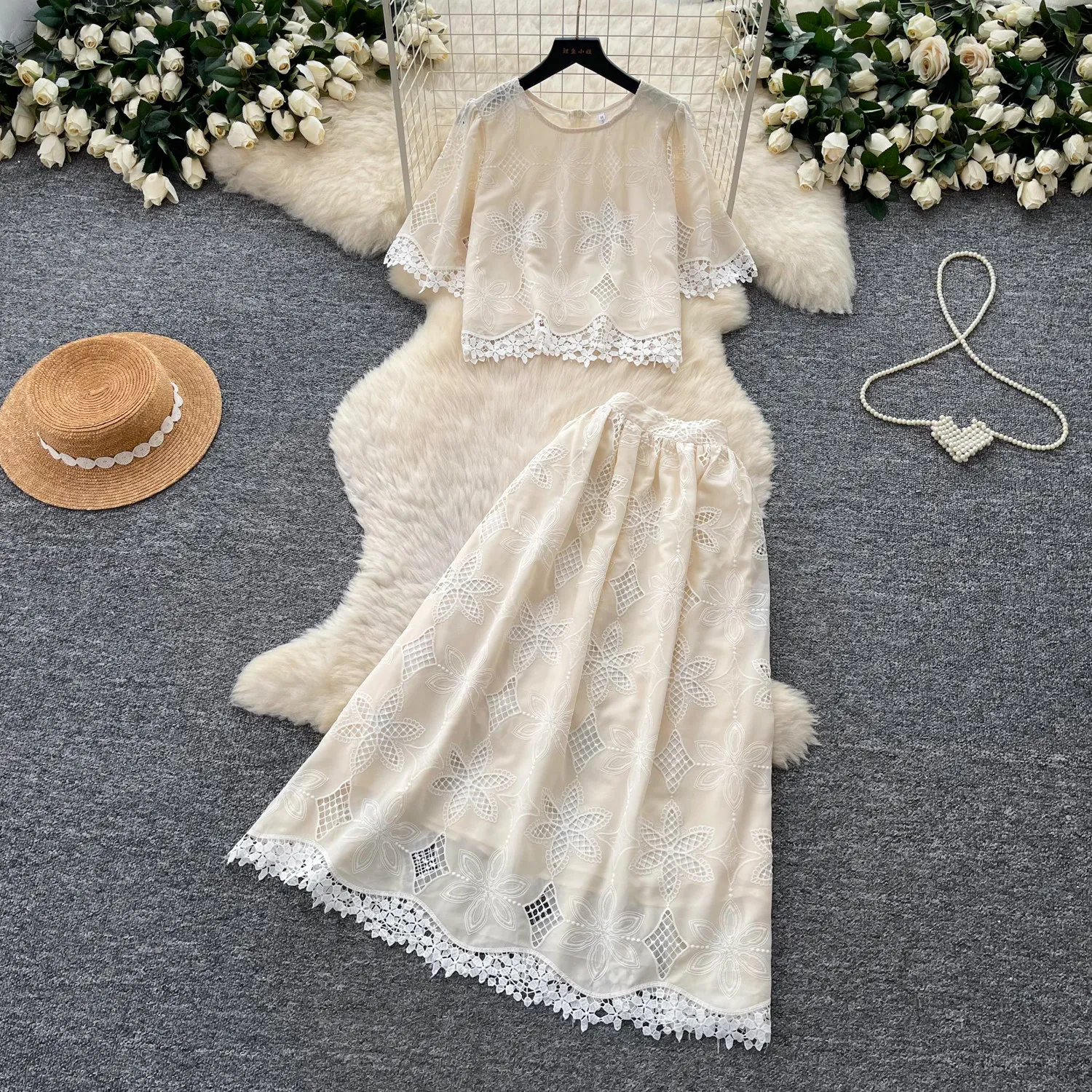 Embroidery Blouse - Vintage Lace Embroidery Two-Piece Set Women