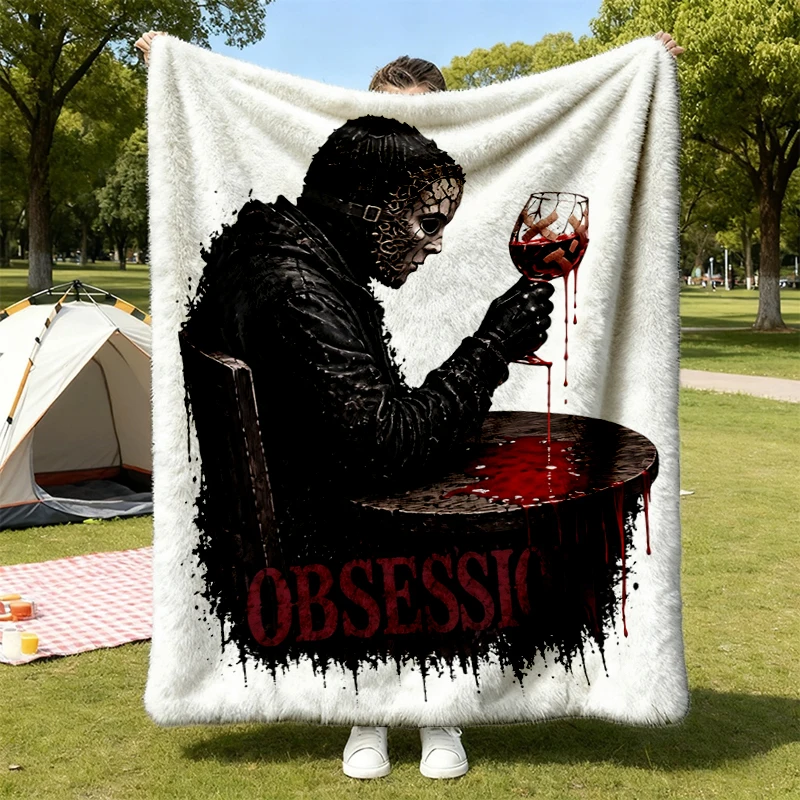 Obsession Comfy Blanket, Gothic Graphic Flannel Blanket, Dark Aesthetic Flannel Throw, Masked Figure Wine Art, Horror Gr
