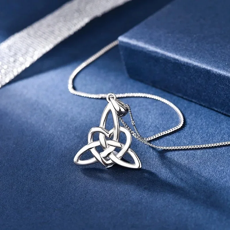 YILUOCD 925 Stering Silver Witch Knot Pendant Necklace Vintage Triangle Cross Celtic Knot Necklaces Women Lucky Amulet Jewelry