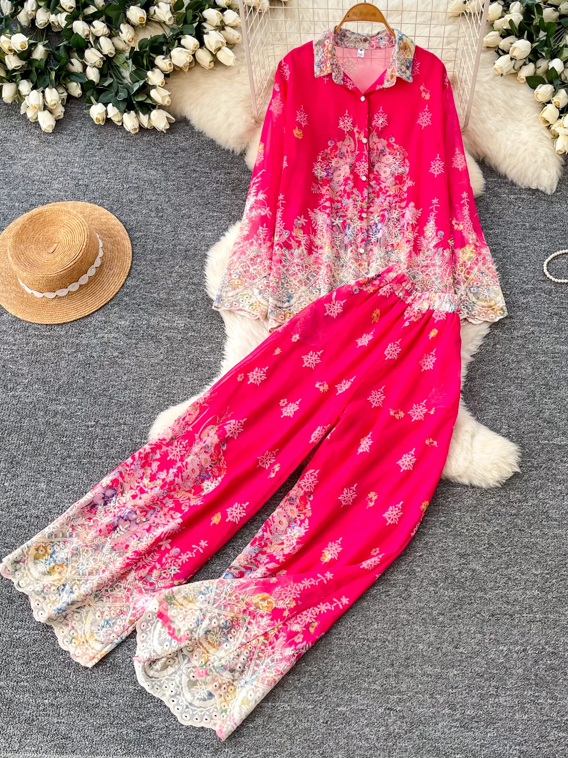 

Retro Ethnic Print Two-Piece Set Women's Spring Autumn Bubble Sleeve Neck Slim Wide Leg Pants Lady Suite High Waist Long...