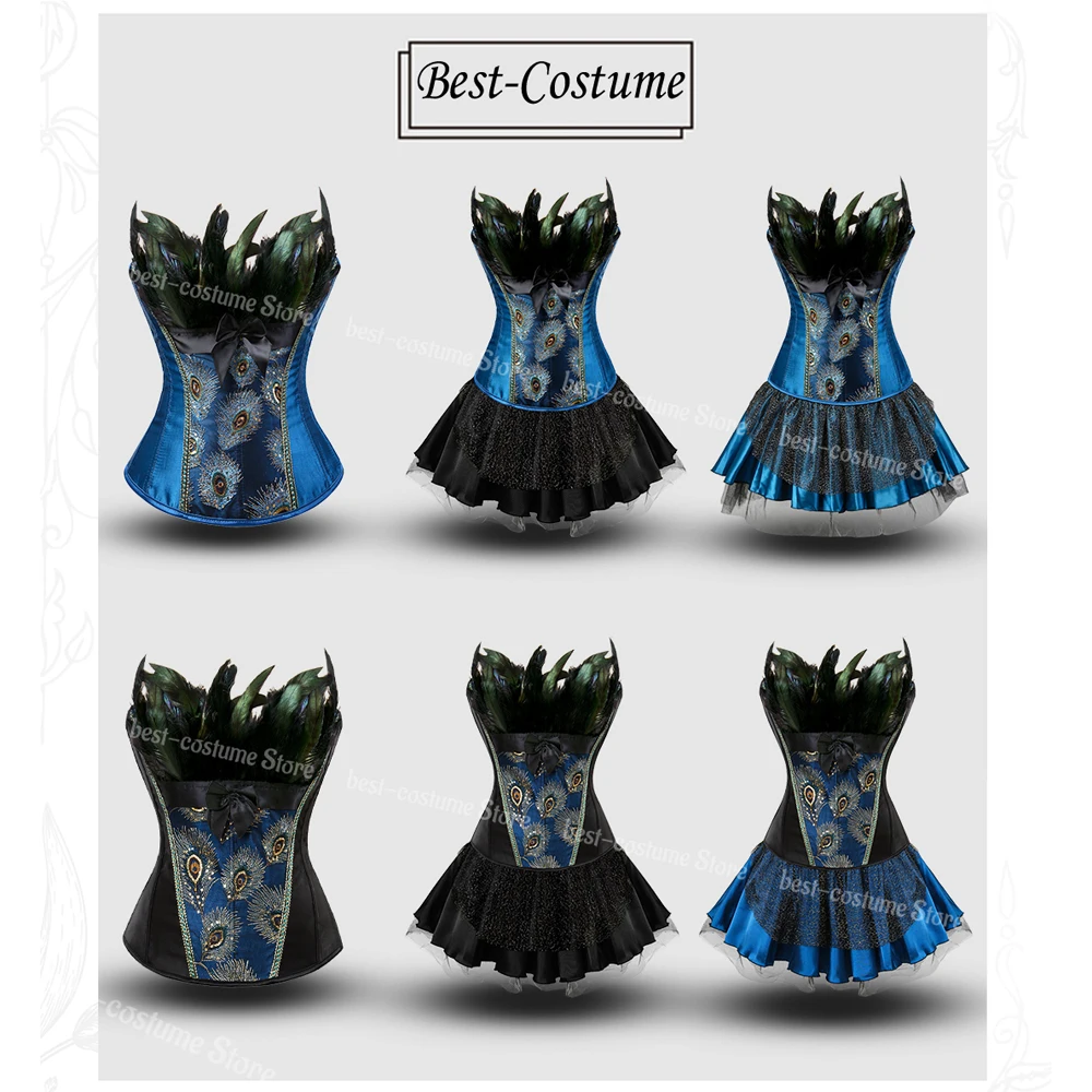 

Peacock Costume Cosplay Corset Top for Women Blue Embroidery Peacock Feather Corset lingerie Sexy Overbust Corset With Skirt