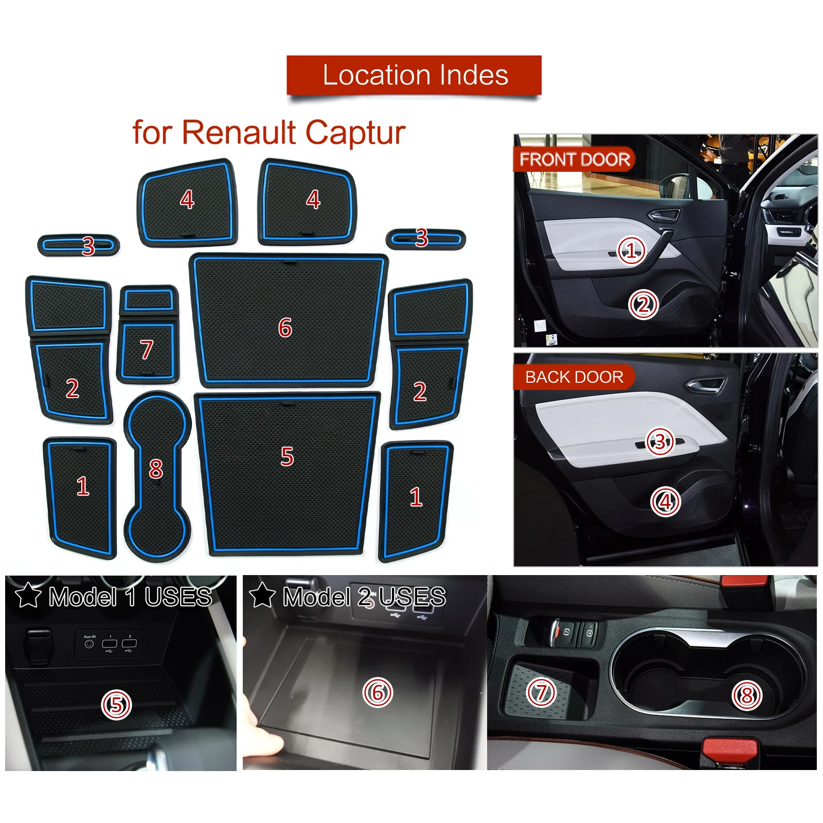 Smabee Gate Slot Cup Mat für Renault Captur 2019–2020, Auto-Anti-Rutsch-Türrillen-Pad, Gummi-Untersetzer, Innenzubehör