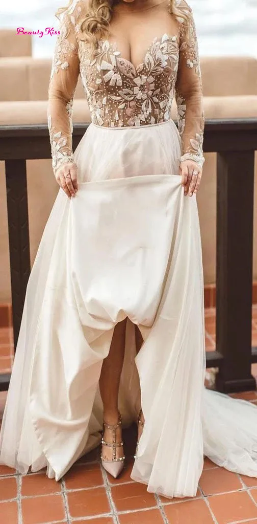 Encantador más nuevo vestido De Novia precioso con cuentas, Vestidos De Novia De tul únicos De manga larga, corte en A, cuello en V, tren De barrido, Vestidos De Novia