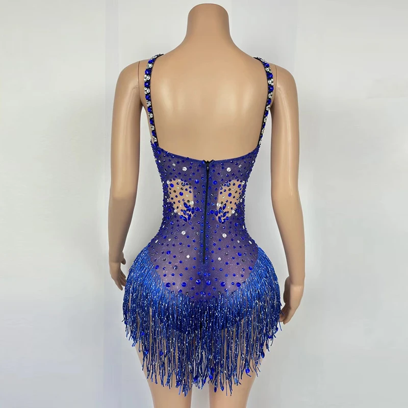 Gogo Dancer Clothing Women Nightclub Carnival Costume Festival Party Show Rave Wear Blue Tassel Glitter Costume Female