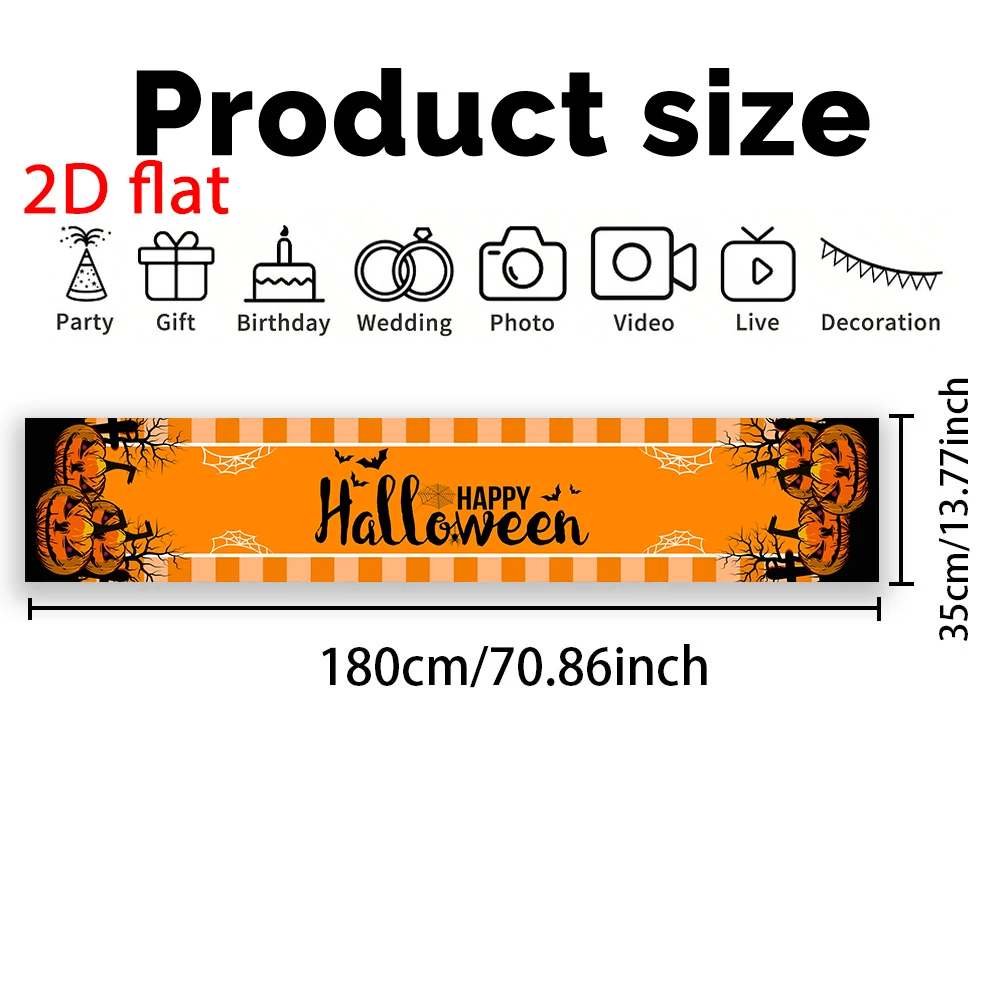 Happy Halloween Striped Table Runner Pumpkin Bat Spider Web Print Spooky Season Table Scarf Party Kitchen Holiday Home Decor