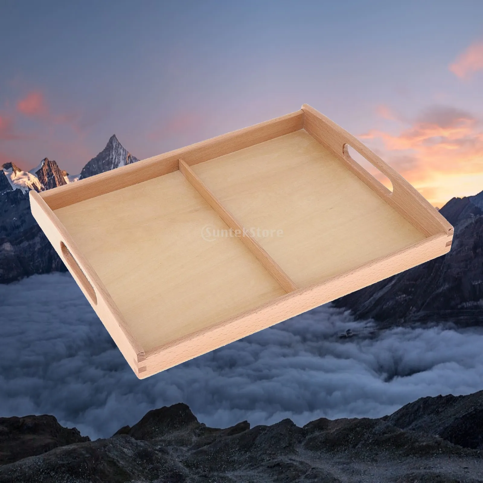 Montessori Wooden Tray 2 Compartments Rectangular Teaching Aids Organizer Sand Box for Developmental Kids Preschool Learning