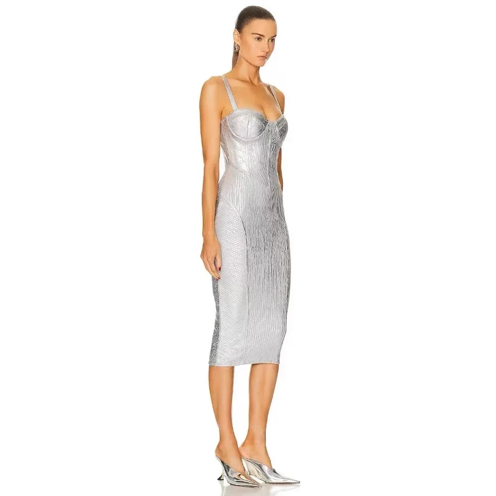 Heavy Industry Women's Silver Plated Strap V-neck Dress Light Luxury Evening Banquet Slimming Bandage Slim Mid Bodycon Dress