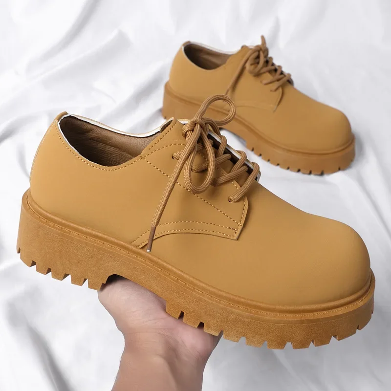 

British Low-Top Derby Shoes for Men Work Boots Big Round Toe Chunky Sole Leather Shoes Durable Non-Slip Casual Comfort Footwear