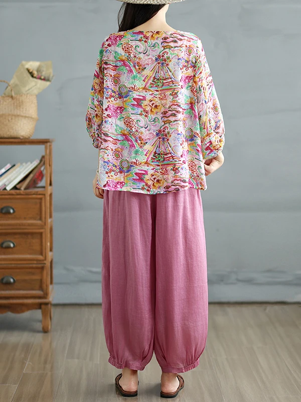 Faionable повседневная футболка с принтом и брюки-фонарики, комплект из двух предметов, круглый летний комплект свободного кроя Ne ort Sve для женщин