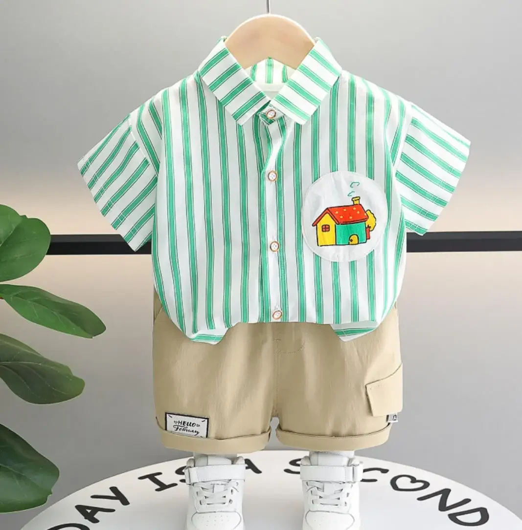 Ensemble de vêtements d'été pour bébés garçons, vêtements pour tout-petits, t-shirts à manches courtes et shorts College à rayures de dessins animés, tenues pour bébés, 2024