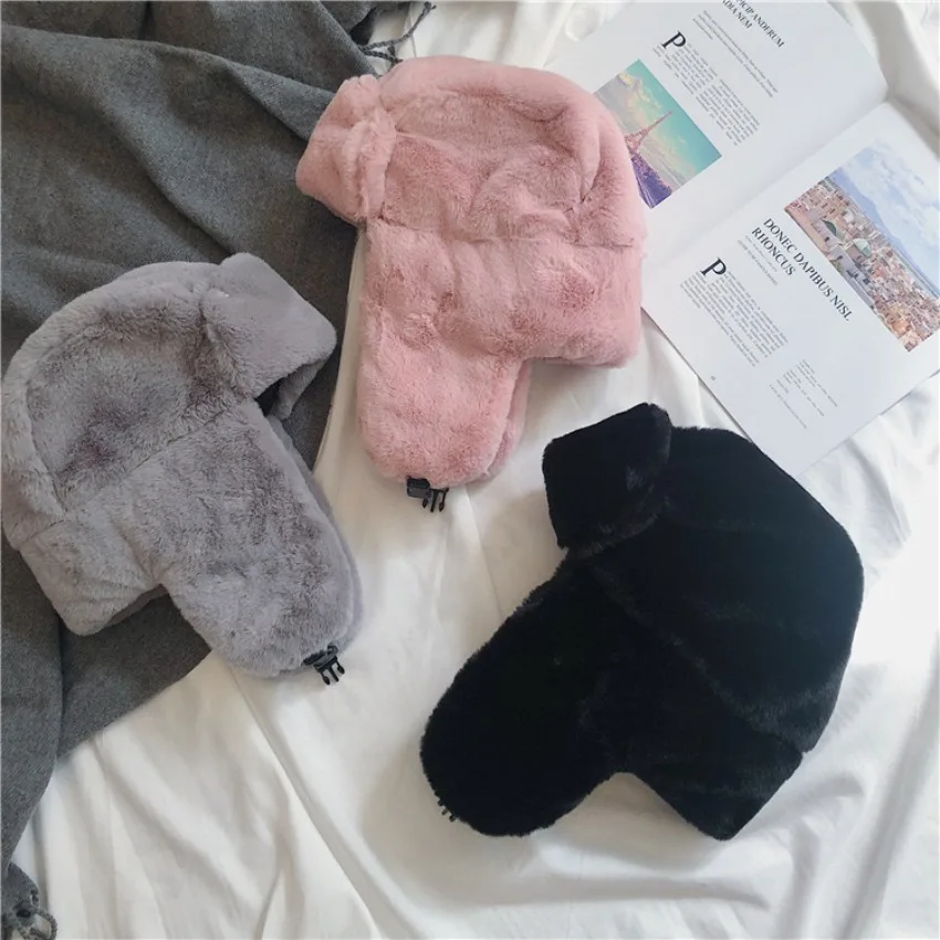 plush winter hats for women thickened fluffy Ushanka trapper hats with ear flaps