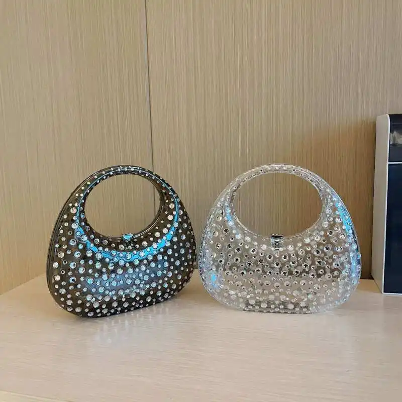 Monederos y bolsos de diamantes de imitación hechos a mano para mujer, bolsos de diseñador de lujo brillantes, bolsos de concha para mujer, bolsos de noche acrílicos nuevos