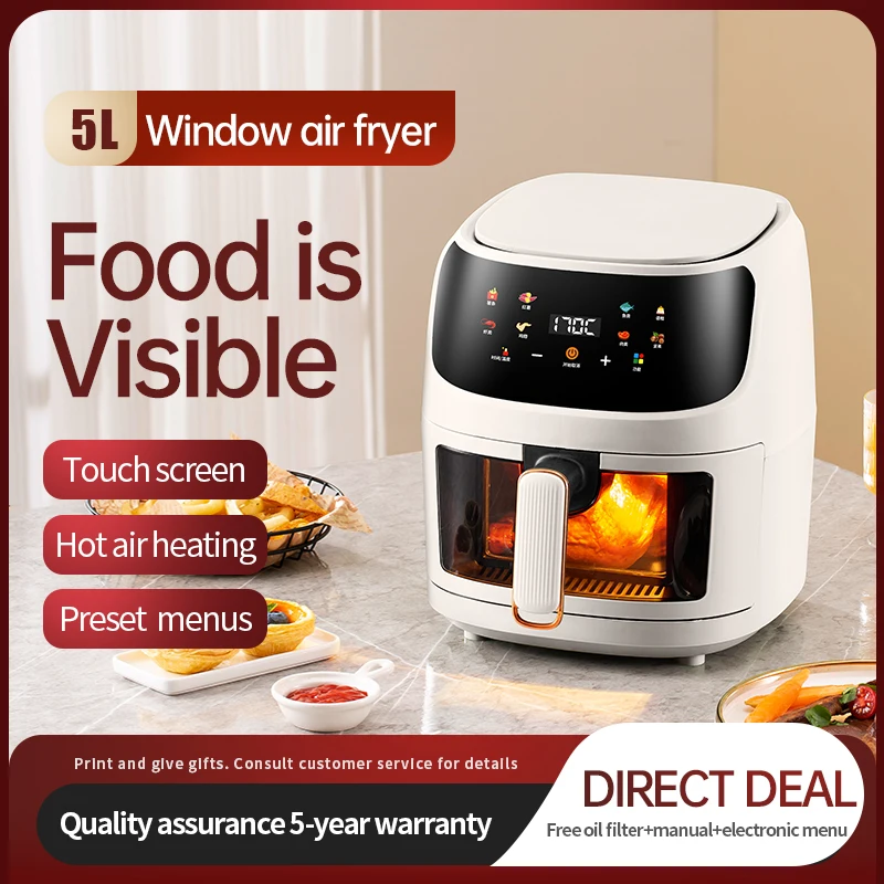 1350W Digital Air Fryer, Transparent Window & Rapid Air Technology, 5L Capacity for Crispy Frying Baking Roasting, Touch Control