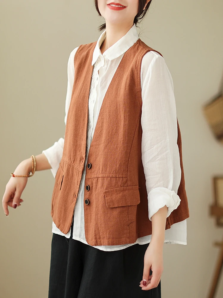 

Retro V-ne ort Vest Top Thin Cotton Linen Women's Jaet Outerwear Button Sle Pure Color Commute Pattern 2023 Summer