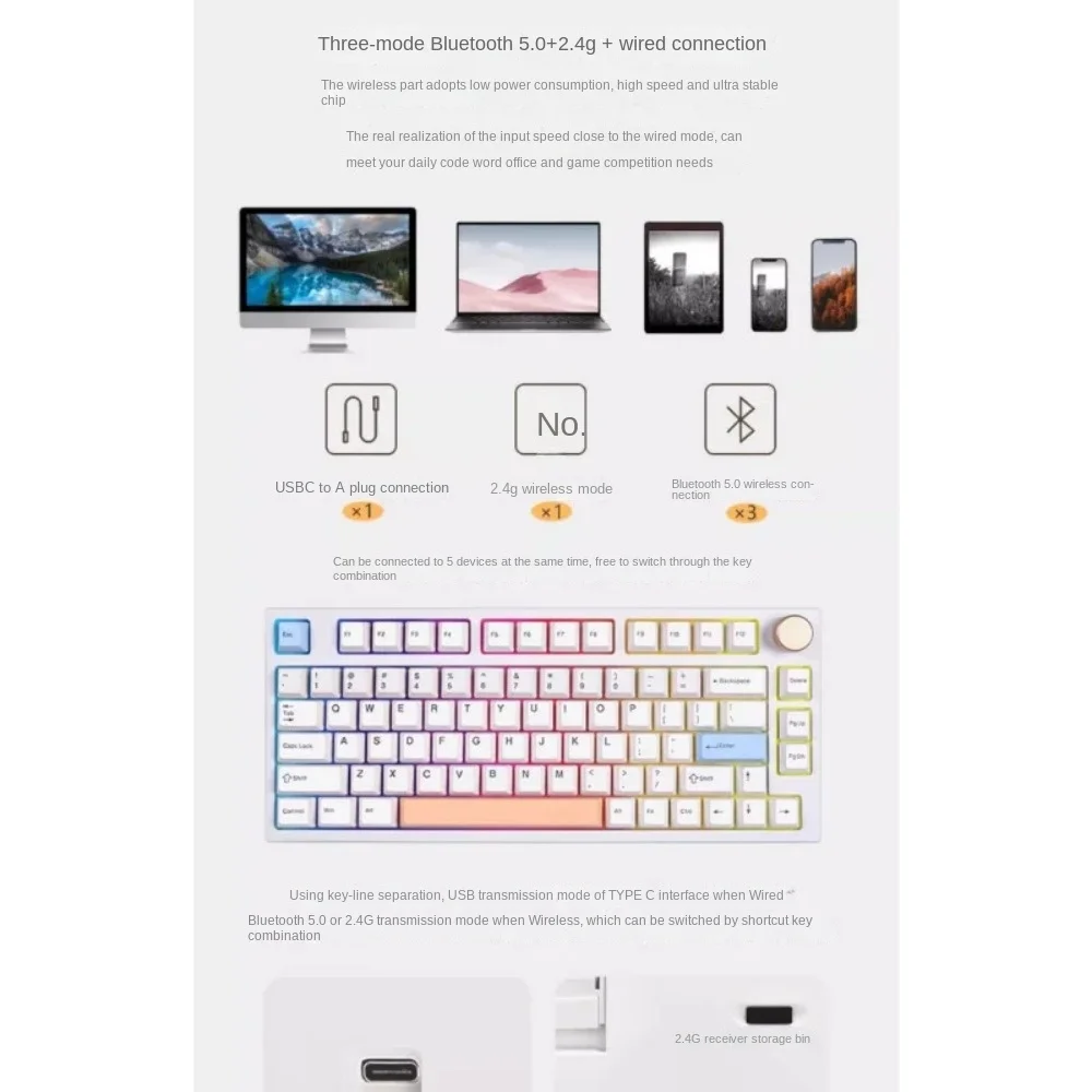 Keydous NJ80 Bluetooth5.0 2.4g Tri-mode Portable Gasket  Mechanical Keyboard 75%Layout Matching Hot-swappable MAC iPad Ergonomic