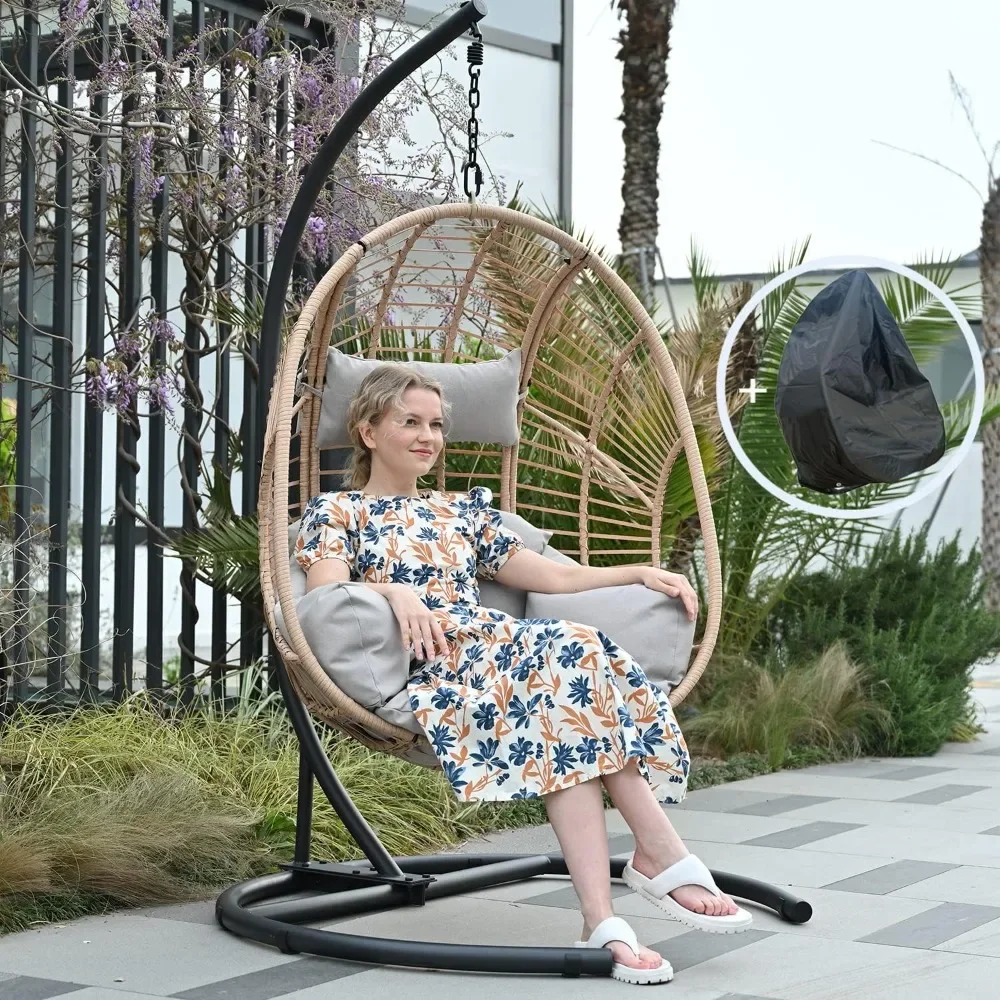 

Hanging Egg Chair with Stand, Patio Swing Chair with Stand and Cushion, Hammock Wicker Rattan Chair for Indoor Outdoor Garden