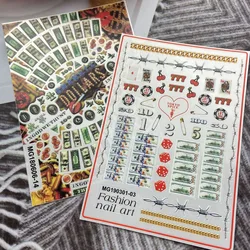 1Pcs 3D Money Dollar Sign Nail Art Stickers Self Adhesive Playing Card 100 Bill Dollar Nail Tips Decoration Slider Poker Decals
