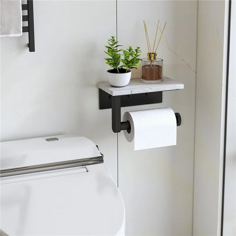 Soporte de papel higiénico de mármol A03F-2X con estante, portarrollos de papel higiénico, soporte de pared para gabinete de baño decorativo, negro