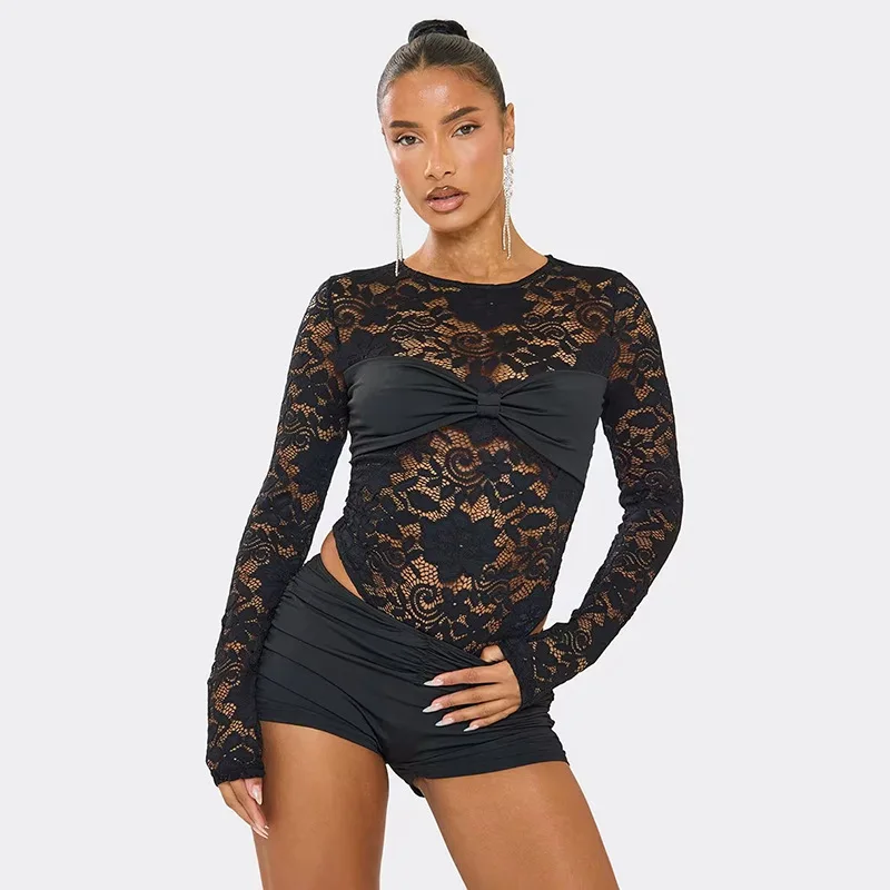 

Повседневный костюм с рукавом четверть на осень-зиму, женский кружевной комплект с вырезом и круглым вырезом, боди для подружки невесты с низкой талией, три