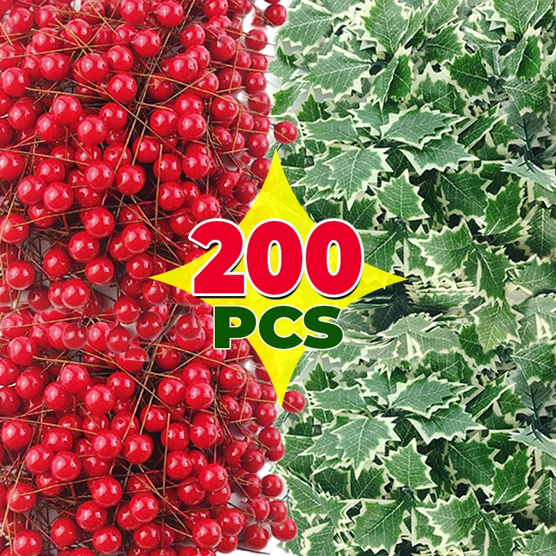 Christmas Artificial Holly Berry Green Leaves Fake Plants Gold Red Berries Xmas Tree Wreath Ornament DIY Home Party Decoration