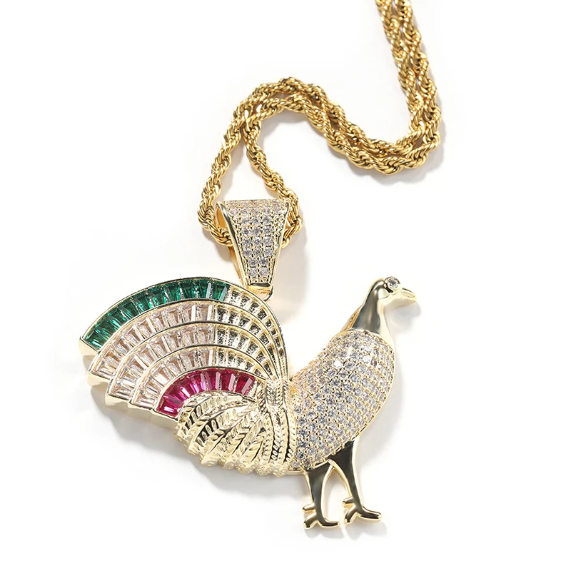 Hip Hop 5A+ CZ Stone Paved Bling Ice Out Cock Rooster Pendants Necklaces for Men Rapper Jewelry Gold Silver Color