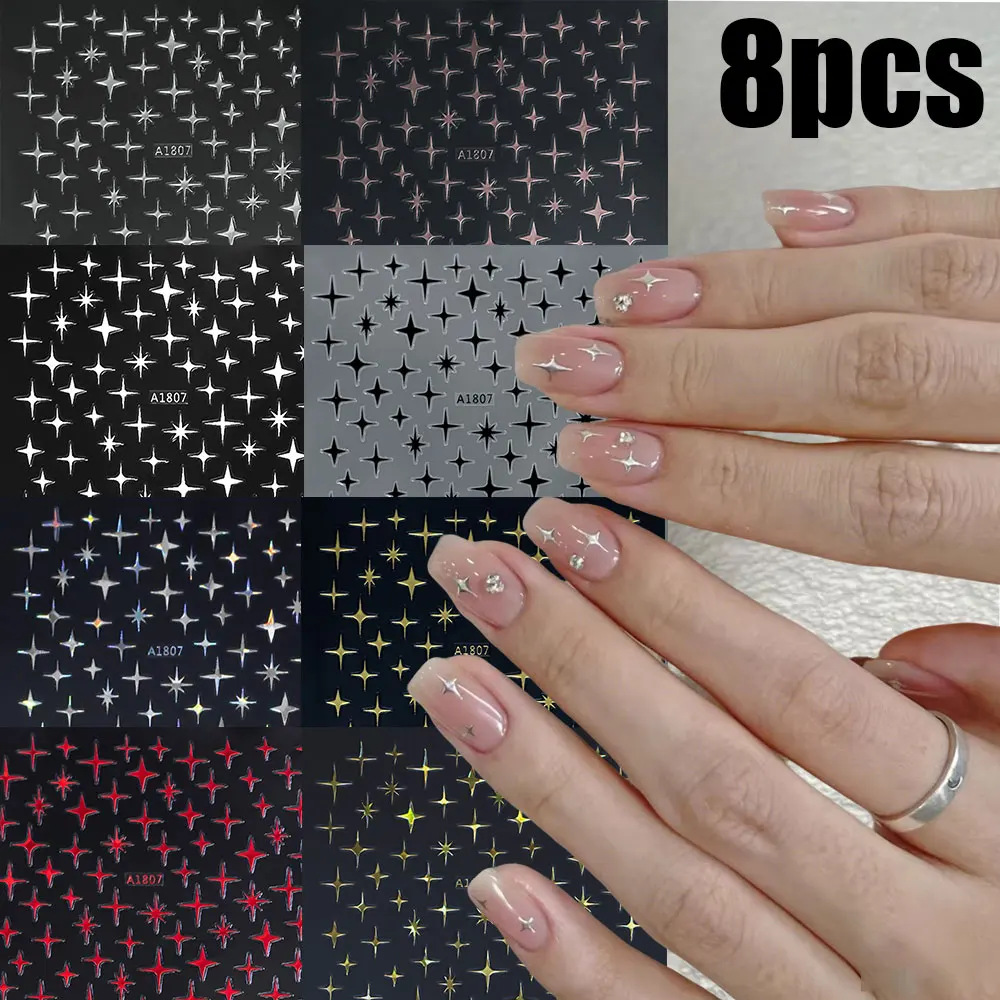 

1/8Pcs Shiny Metallic Four-Pointed Star Nail Stickers Silver/Gold/Red Mixed Color Star Nail Decals Y2K Style DIY Manicure Parts